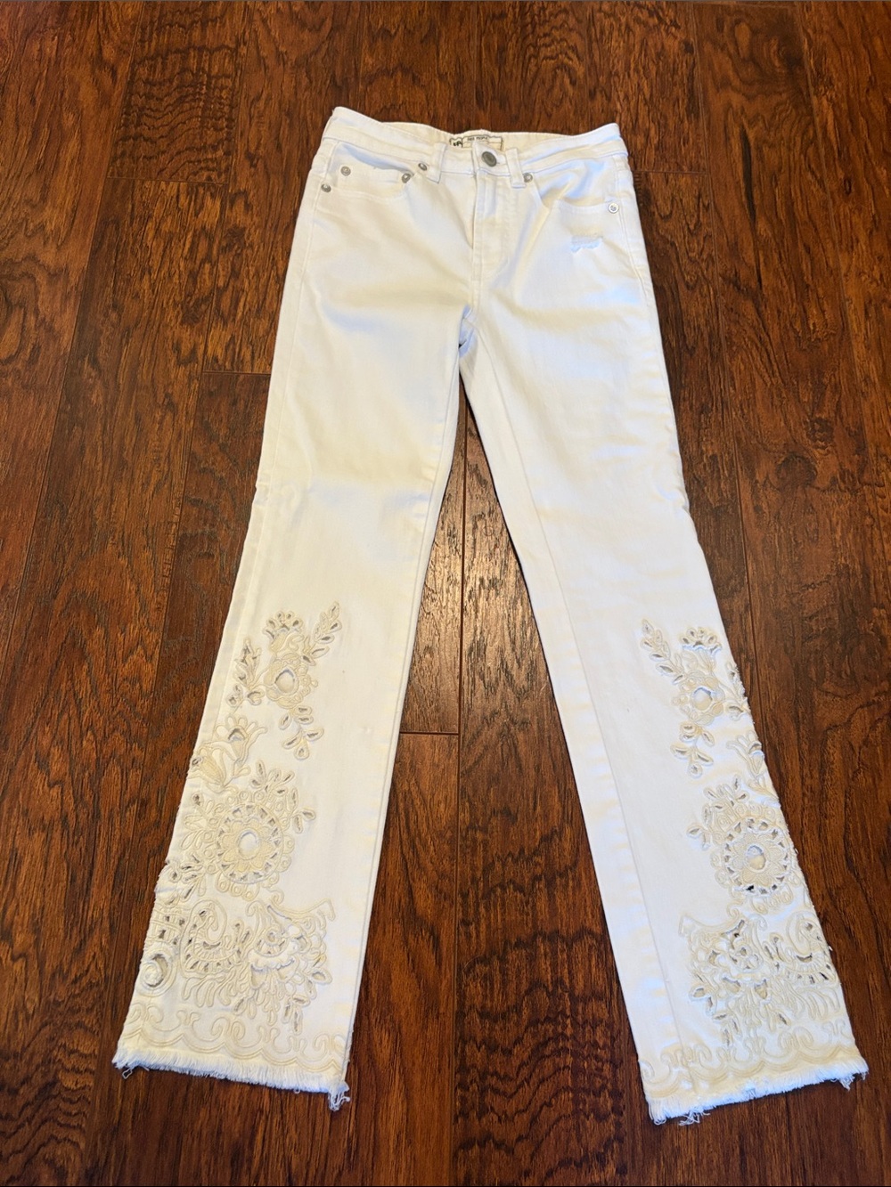 Free People white denim jeans with lace detail